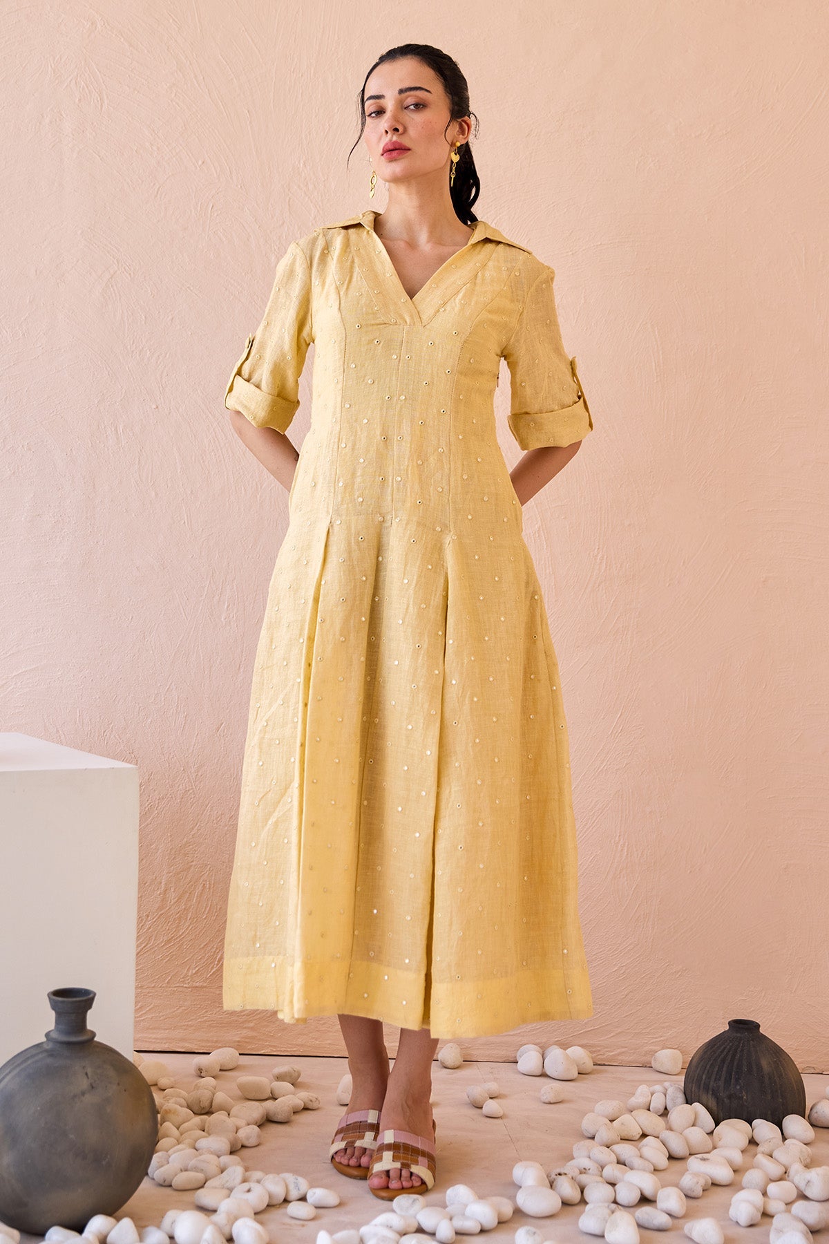 Buy Yellow Mirror Work Midi Dress by The Loom Art for women online at ScrollnShops